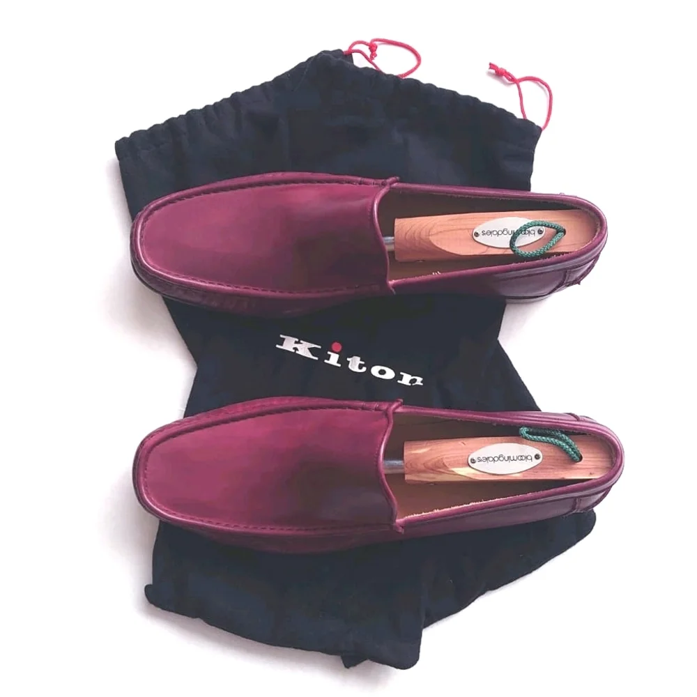 KITON Men's Calf Leather Slip on Loafers Shoes Burgundy size 9.5